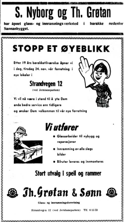 verst: glassmestrene J. Nyborg og TH. Grtan annonserer at de pner sin brakketilvrelse 6. november 1940. Nederst: Th. Grtan & Snn A/S flytter inn i Strandvegen 12 den 24. november 1959.