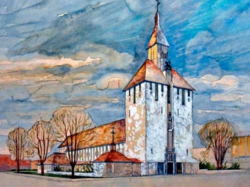 DRMMEKIRKA: En kirkeplan som aldri ble realisert. Akvarell av Arnstein Arneberg. (April 1952.)