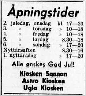 Annonse åpningstider jula 1962