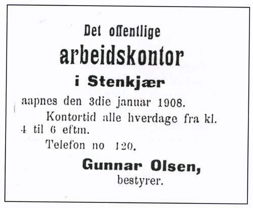 Annonse åpning av Fylkesarbeidskontoret i 1908