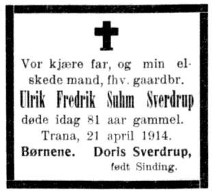 Ulrik Fredrik Suhm Sverdrup - dødsannonse