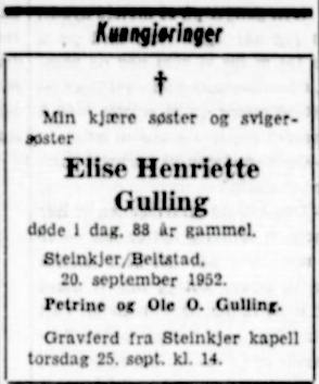 Elise Henriette Gulling - dødsannonse