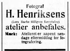 Annonse Fotograf Henriksen - 1915