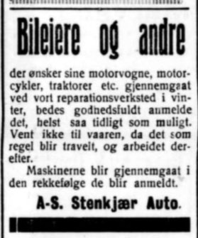 Annonse Stenkjær Auto 1920