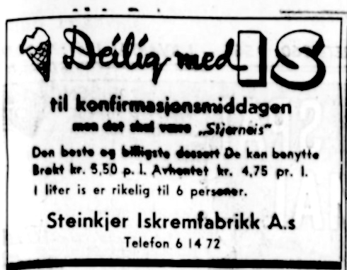 Steinkjer Iskremfabrikk - annonse 1961