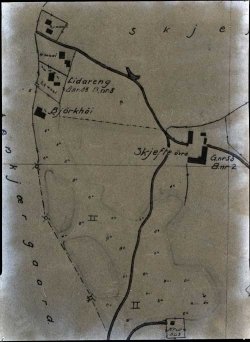 Kartskisse: Et utdrag av et kart over omrdet rundet grden vre Skjefte, hvor Krutthuset er tegnet inn i nederst.