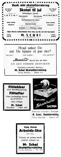 KONKURRANSE: Et tilfeldig utvalg annoser av M. Schei skotyforretning p 1940-tallet.