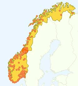 GOD SPREDNING: Norske beskende, desember 2010 p Steinkjerleksikonet, sin geografiske fordeling 